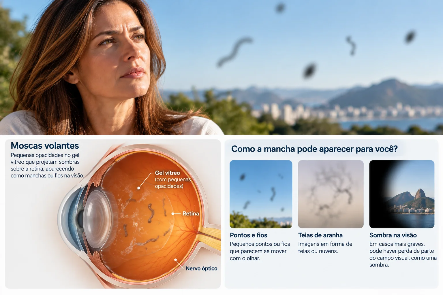 Infográfico mostrando as opacidades do vítreo que causam moscas volantes e três formas de percepção: pontos e fios, teias e sombra na visão