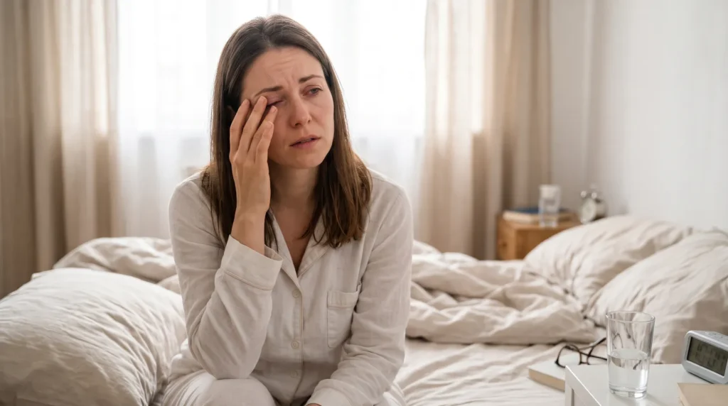 Mulher sentada na cama pela manhã esfregando o olho, com sensação de ressecamento