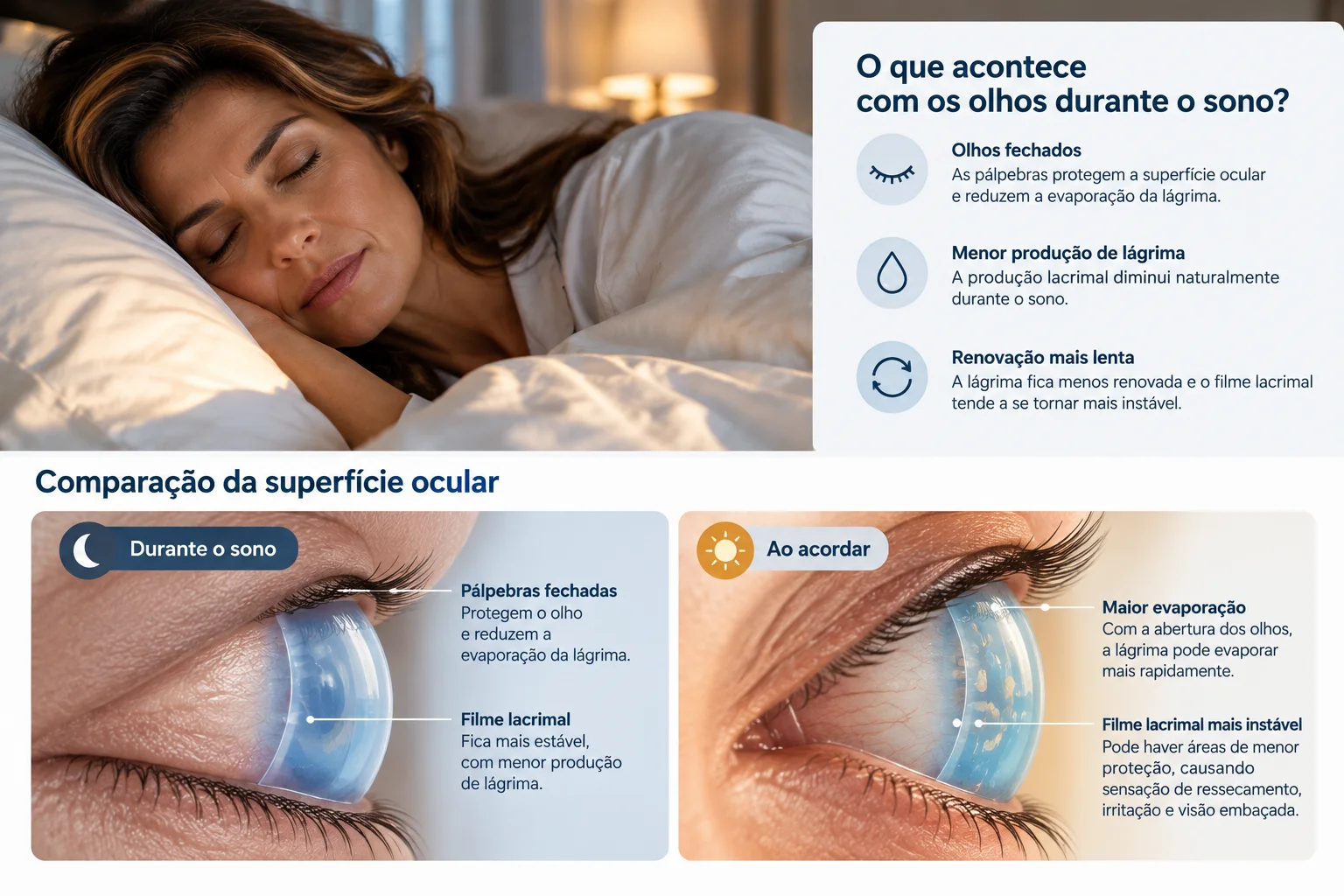Infográfico comparando a superfície do olho durante o sono, com as pálpebras fechadas protegendo a lágrima, e ao acordar, quando a lágrima evapora mais e o filme lacrimal fica instável