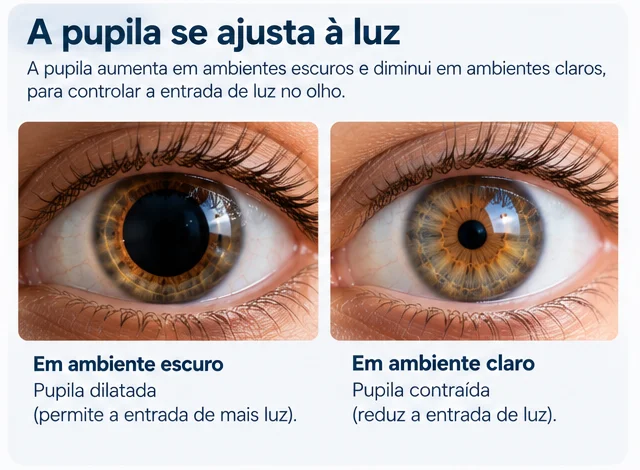 Comparação entre pupila dilatada em ambiente escuro e pupila contraída em ambiente claro